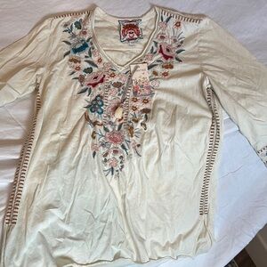 Johnny Was Cream Floral Embroidered Blouse